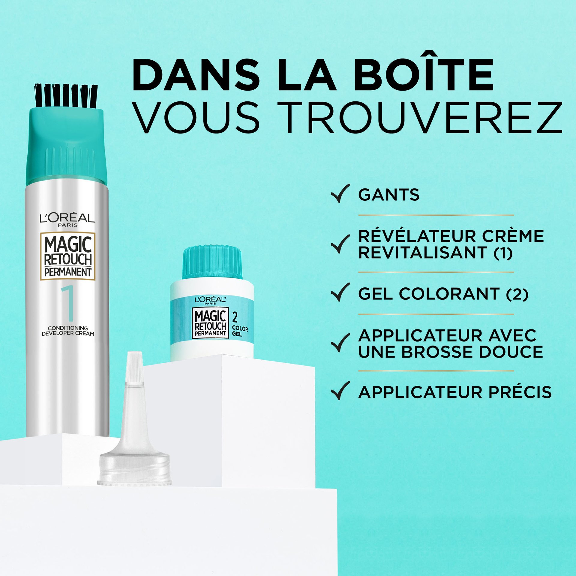 1 boite de magic root permanent contient des gants, un developper, un gel couleur, un pinceau applicateur facile et un pinceau applicateur précis